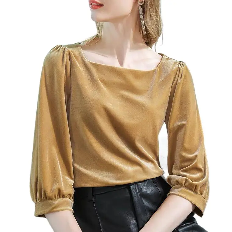 Korean golden velvet Blouse Women Corduroy Velvet Tops Retro Square Collar Shirt Bubble Sleeve Blusas Ropa De Mujer 10 colors