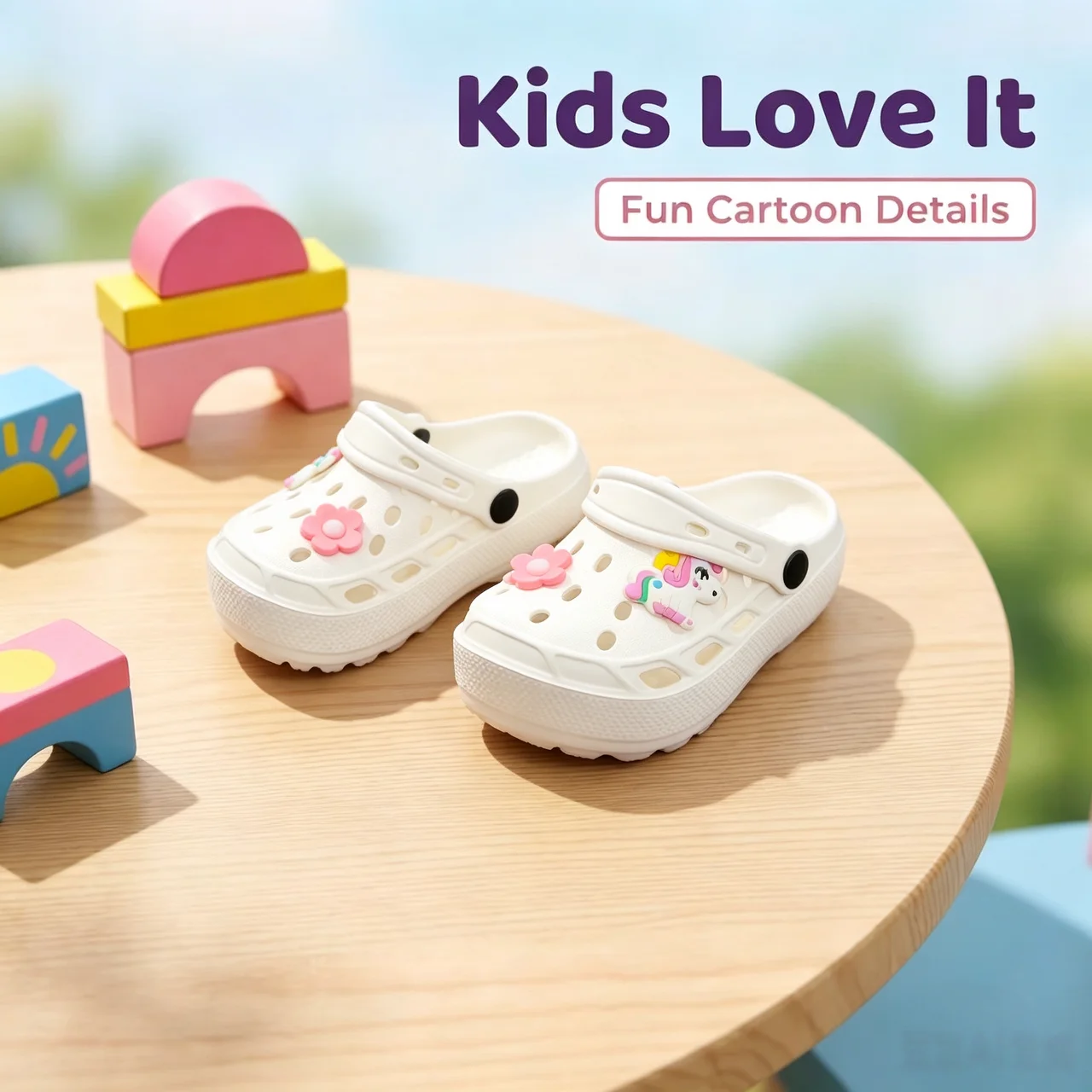 Kids Hole Shoes Breathable Clog Sandals Lightweight Back Strap Unicorn Decor Summer Casual Beach Shoes Girls