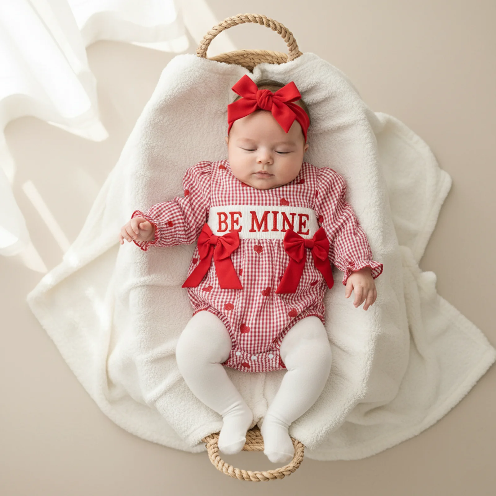 

Suefunskry комбинезон на День святого Валентина для маленьких девочек, комбинезон с длинными рукавами и вышивкой в виде сердца и повязкой на голову, комплект из 2 предметов, одежда для новорожденных