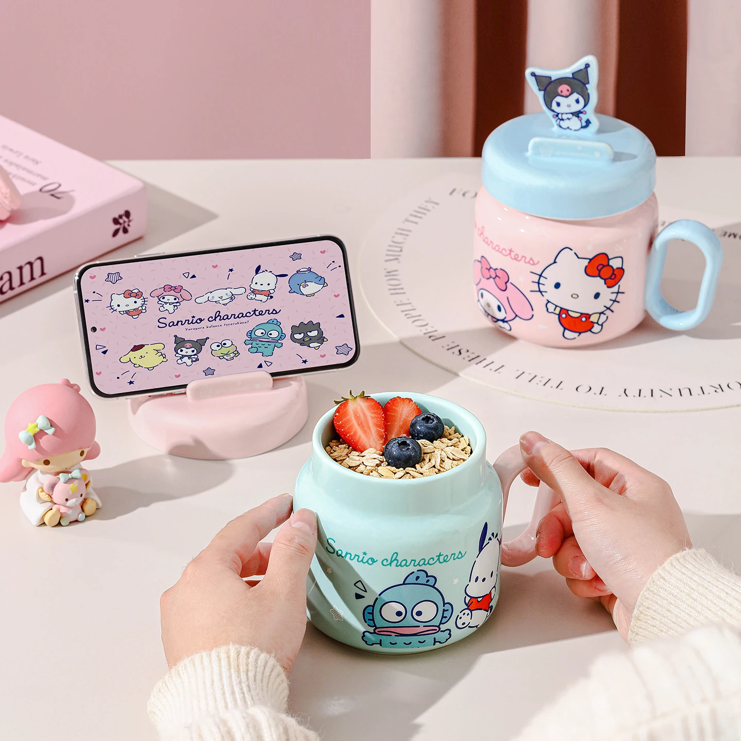 450Ml Box Set Sanrio Cartoon Hello Kitty My Melody Cinnamoroll Kuromi Ceramic Mug Cover  Milk Cup  Kit Birthday Creative gift