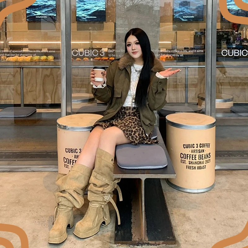 Fashion Model Women's Shoes Punk Style Buckle Over The Knee Boots for Woman Exquisite Platform Boots Designer Shoes Botas Mujer