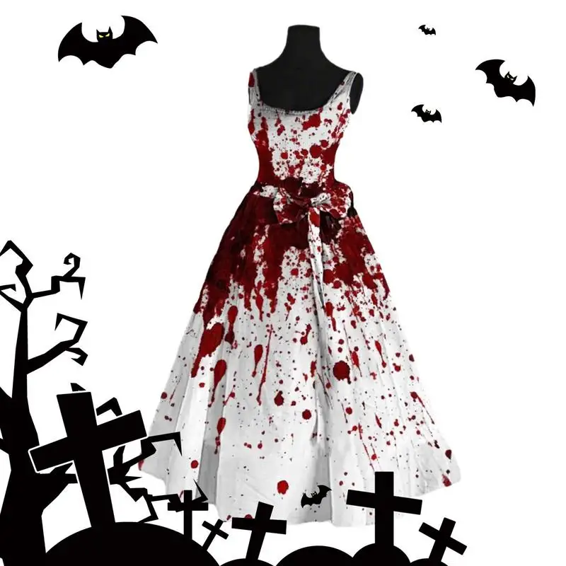 Blood Stained Dress Halloween Dress Blood Printed Tightened Waist Flared Hem Sleeveless Blood Print Dress for Party Cosplay