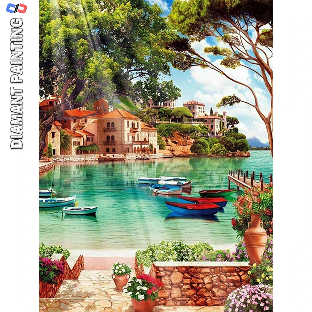 Diamond Embroidery Seaside Boat 5D DIY Diamond Painting Garden Lake Landscape Mosaic Cross Stitch Kits Balcony Home Decor Art