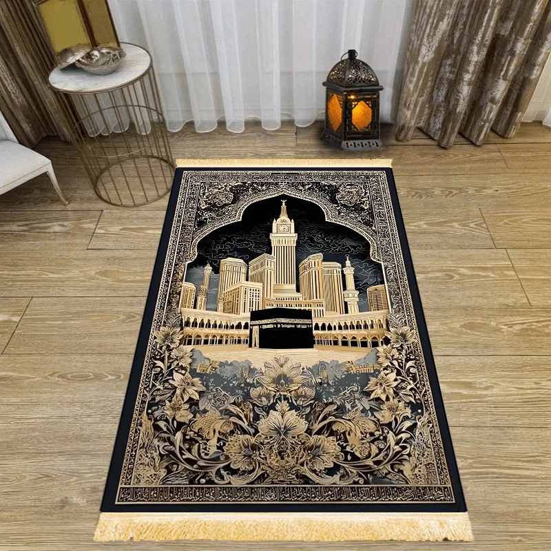 VIKAMA Mecca Holy Mosque Pattern Muslim Prayer Rug with Tassels Portable Prayer Mat Religious Kneeling Floor Mat