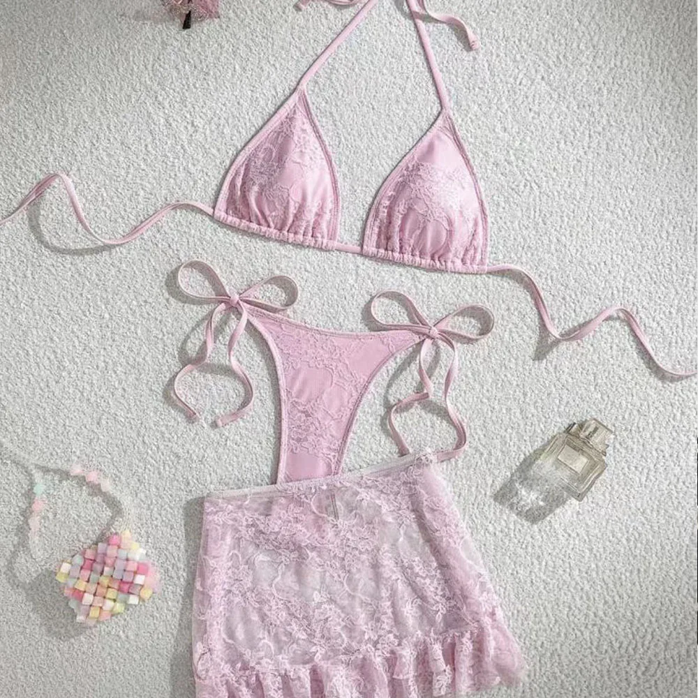 

Sexy Women's Bikini Lace 3-Piece Set with Triangular Suspender Lace Skirt Split-Type Beachwear Fashionable Summer Beach Swimsuit