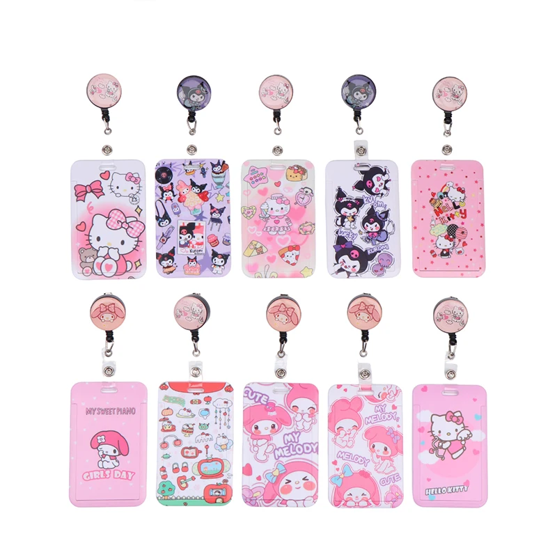 Sanrio Anime Hello Kitty Kuromi Melody Retractable Clip ID Card Holder Women Door Girls Cardholders Nurse Hang Credential Buckle