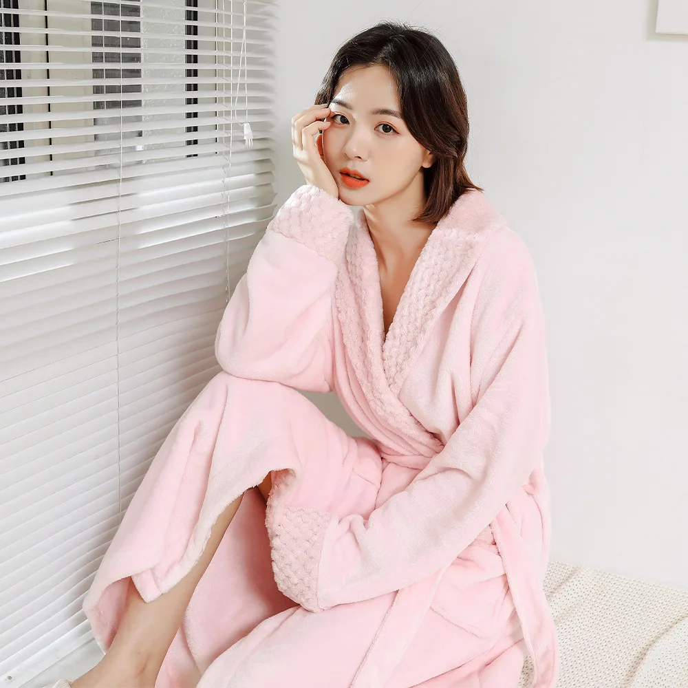 Couple Long Coral Fleece Robe for Women Autumn Winter Plush Flannel Sleepwear Ankle-Length Men's Bathrobe Home Clothes