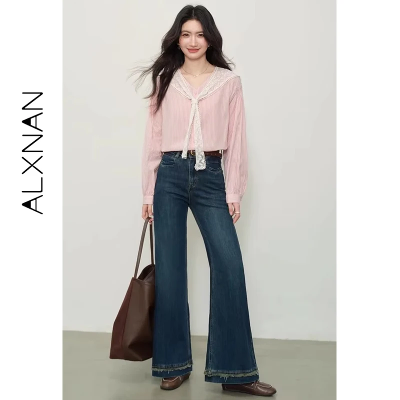 

ALXNAN полосатые рубашки, осенняя съемная кружевная накидка с v-образным вырезом и пуговицами, женские блузки, дышащие милые женские топы для поездок на работу L569102