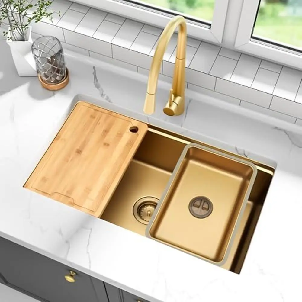 Single Bowl Stainless Steel Undermount Kitchen Sink with Workstation Design and Sound Dampening 30x18x9 inch Gold Kitchen Sink