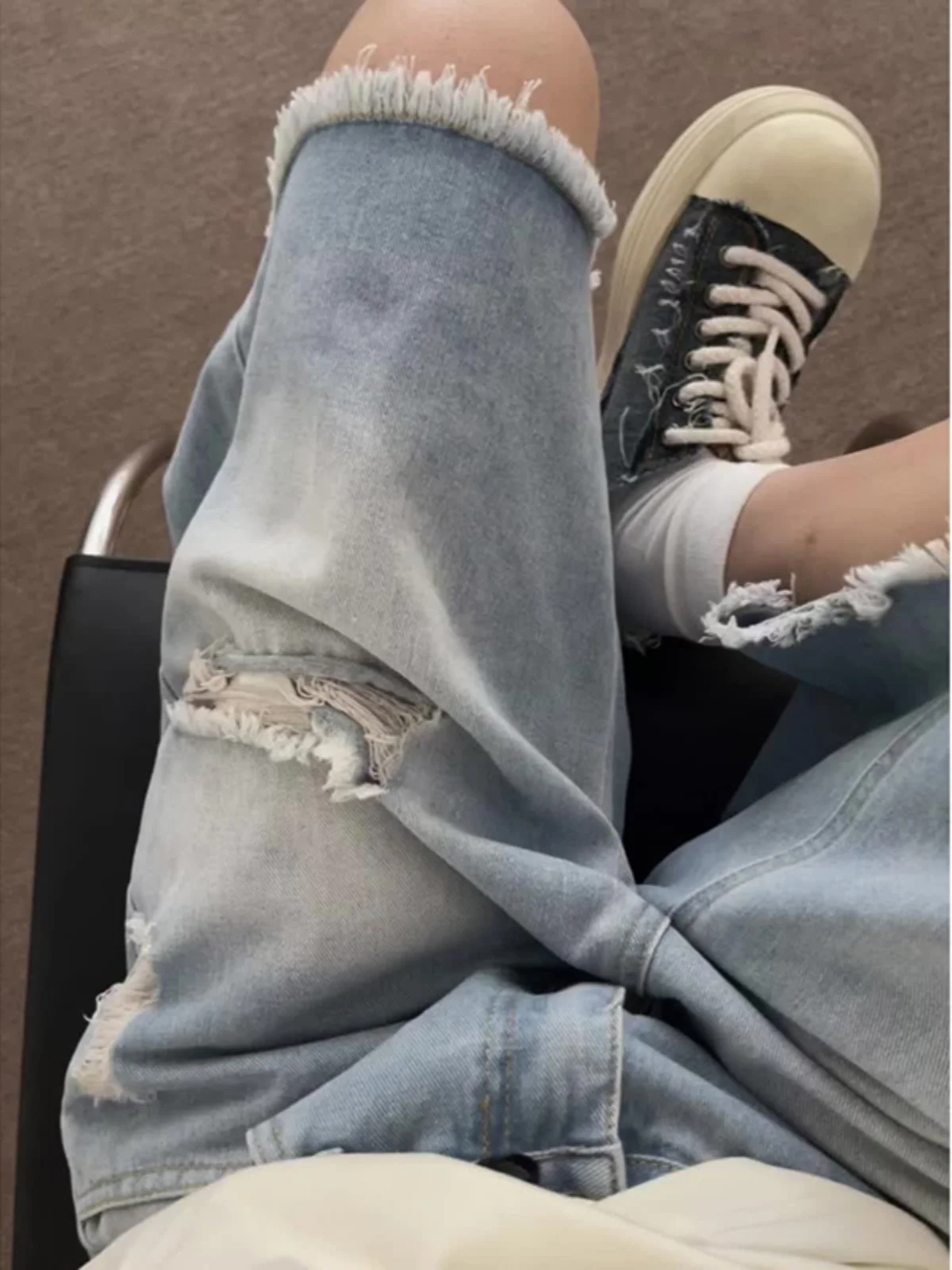 Light Blue Frayed Hole Men's Denim orts Summer American High Street Vibe Five-Point Street Sle Straight Leg Jeans