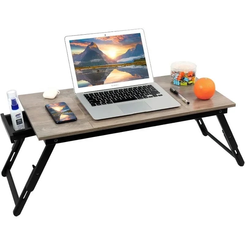 Bamboo Laptop Desk Bed Tray Table Adjustable Table for Computer Tilting Top Foldable Leg with Drawer