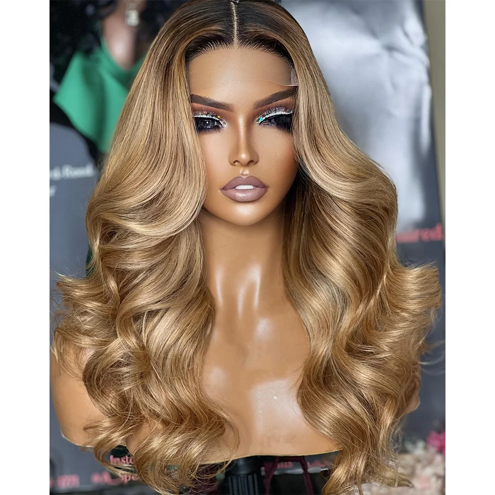 Linhua#4 Dark Root #27 Honey Blonde Body Wave 4x4/5x5 Lace Wig 13x6 Transparent Lace Wigs Remy 13x4 Lace Frontal Wig Preplucked