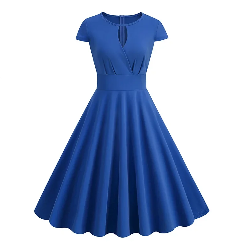 

2024 New Hepburn Vintage Summer Short Sleeve Dress Casual 1950s 60s Women's V Neck Retro Robe Elegant Party Office Midi Dresses