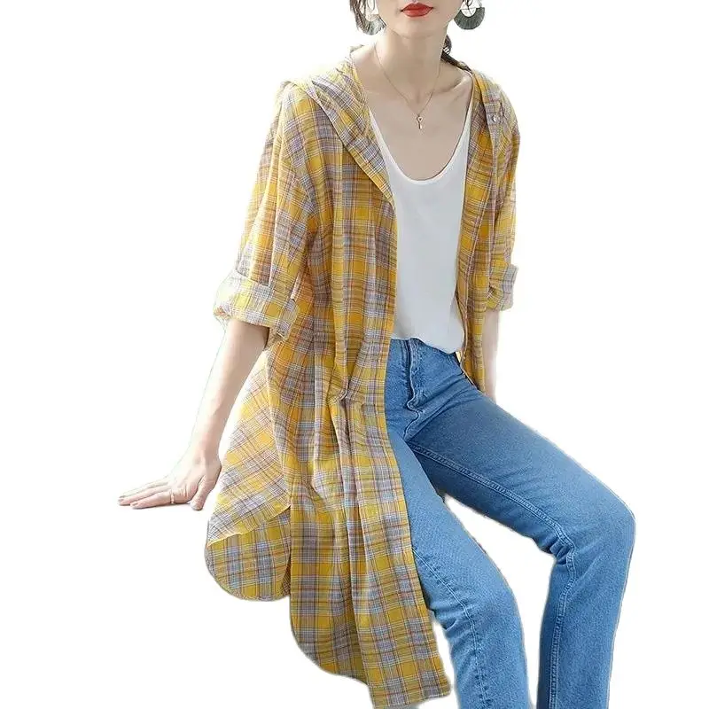 Summer Sun Protection Clothing Hooded Loose Lattice Women Shirt New 2025 Long Sleeves Single-Breasted Mid Length Coat Ladies