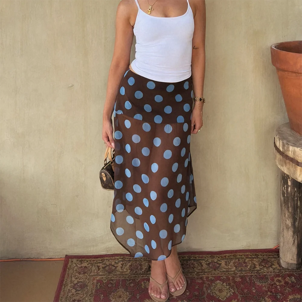 Tuularose Fashion Printed Skirts Elegant Polka Dot Irregular Mesh See Through Skirts Vintage Printed Luxury Party Women's Skirts