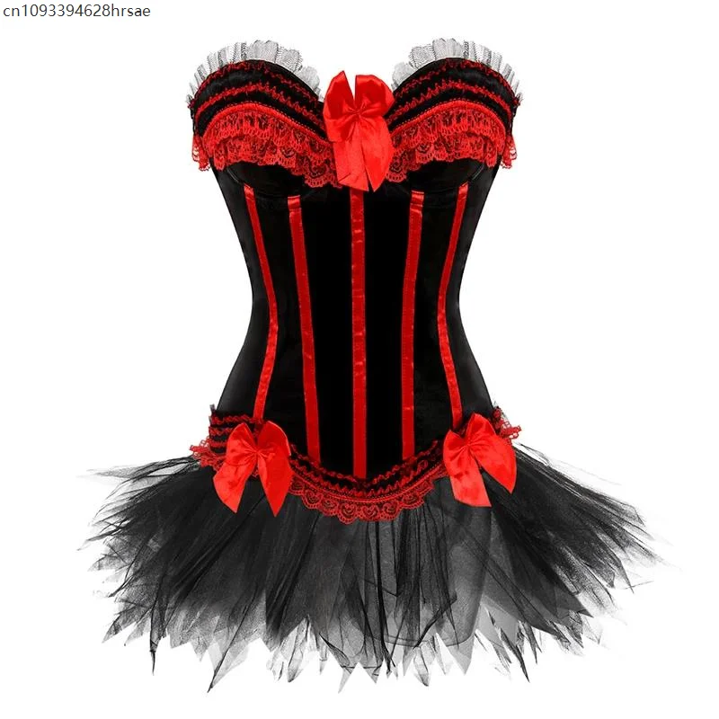 Сексуальный кружевной корсет с завышенной талией, женский винтажный атласный бюстье с бантом, полосатый корсет на шнуровке с цветочным принтом, бюстье, комплект с короткой юбкой
