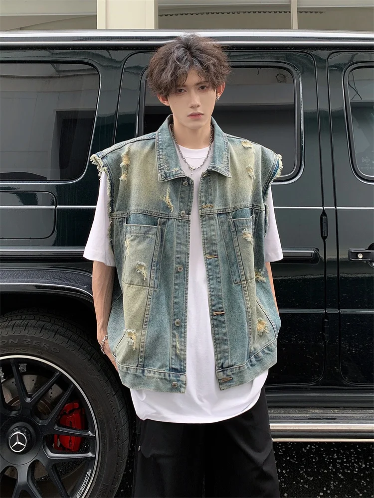 Spring Season Versatile Loose Fit Ripped Denim Vest Unisex Sleeveless Washed Jacket Top Youthful Style Standard Edition