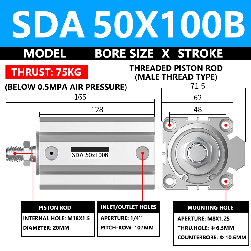 

ABILKEEN SDA50X100B Серия SDA Тонкий воздушный цилиндр 50 мм с наружной резьбой Диаметр цилиндра X 100 мм Ход поршня Пневматический компактный цилиндр двойного действия