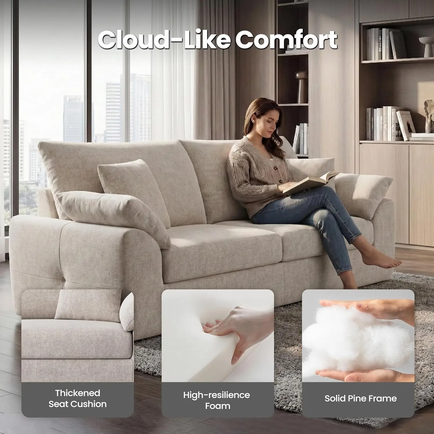 Modern Loveseat Sofa Mid Century Cloud Boneless 4 Pillows Small Living Room 89.8" No Assembly Camel Custom image 4