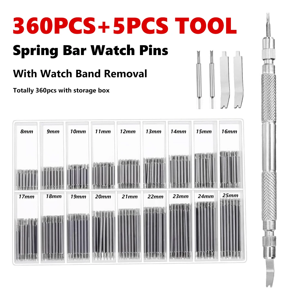 360PCS Watch Pins Spring Bar With 5PCS Watch Strap Tool Link Remover Kit For Watch Repair and Watch Band Link Pins Removal