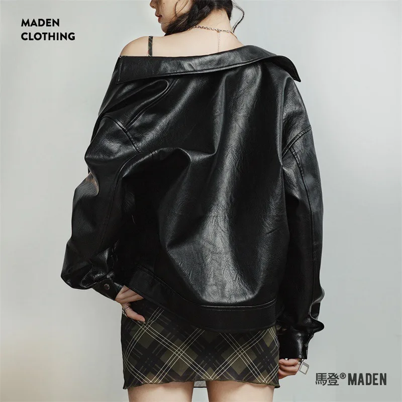 Giacca da donna in pelle nera retrò Giacche corte stile motociclista Risvolto con bottoni in metallo Cappotto da donna per pendolari autunnali primaverili