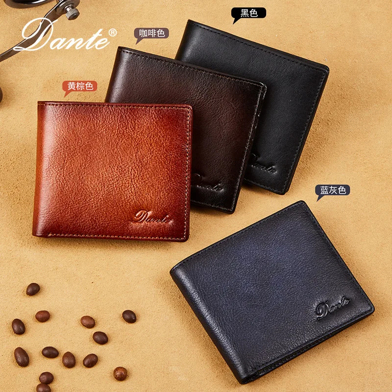Dante Genuine Leather Wallets for Men RFID Anti-theft Brush Short Clips 100% Head Layer Cowhide Retro Casual Vertical Money Bag