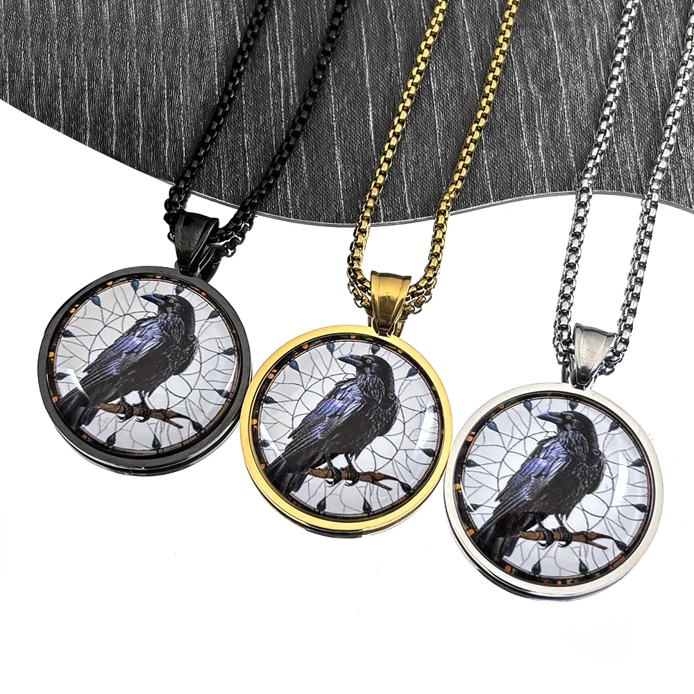 Nordic Odin Black Raven Branch Glass Pendant Necklace For Women Men Stainless Steel Silver Color Crow Animal Geometric Jewelry