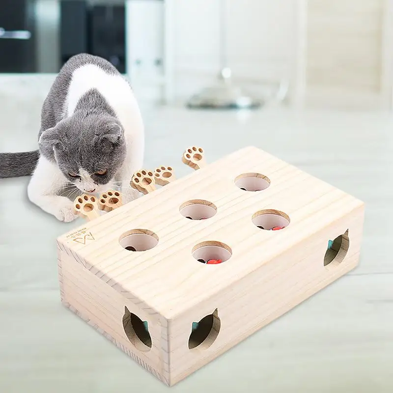 

Wooden Whack-a-hamster Box Cat Interactive Toys Five-hole Cat Whack-a-hamster Indoor Toys Cat Catching Mous Games