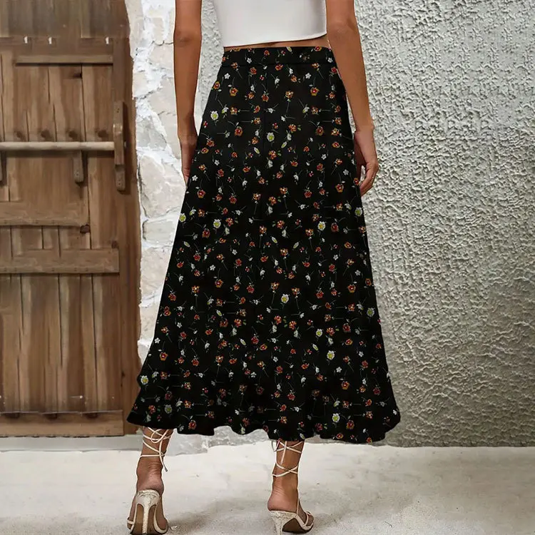 Vintage Beach Flower Print Maxi Skirt Women Summer 2024 Fashion High Waist Stretch Asymmetrical Long Skirts Elegant