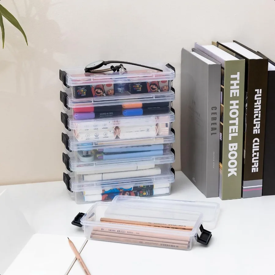 6 عبوات من حاويات تخزين بلاستيكية شفافة مع أغطية للإغلاق، منظم مكتبي قابل للتكديس لممحاة أقلام الجل Craf
