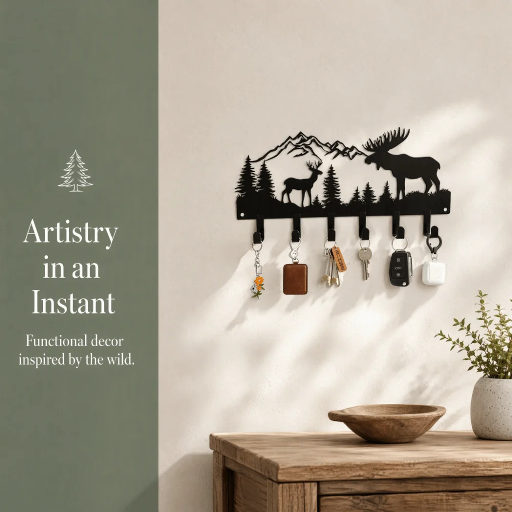 6 Hooks Metal Key Hooks Black Rustic Farmhouse Style Wall Mount Key Rack Forest Metal Art Wall Mounted Decorative Wall Hook