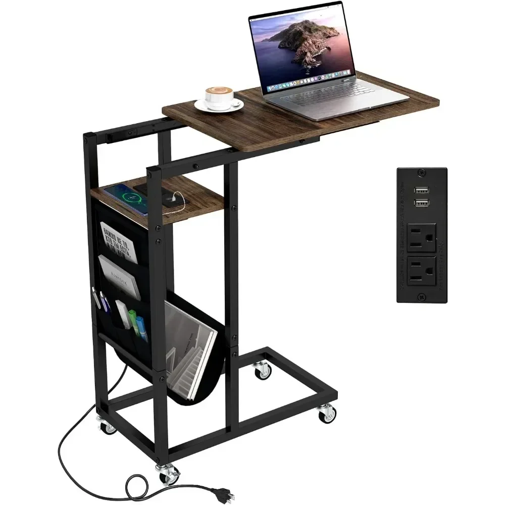 

C-Shaped End Table - Charging Station with USB & Outlets, on Wheels, Slides Under Sofa, for Living Room