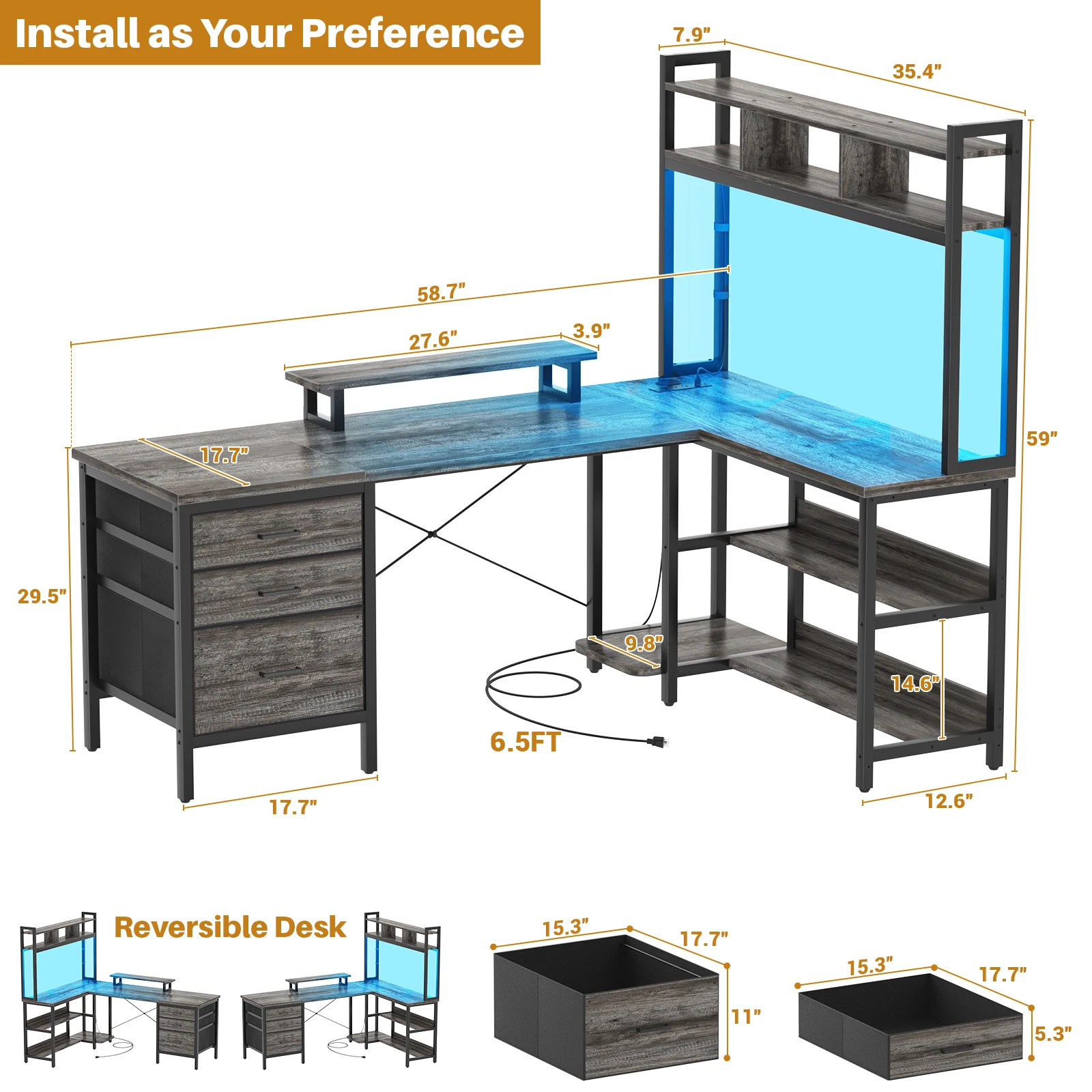 Aheaplus L-Shaped Gaming Desk with LED Lights, Reversible Corner Computer Desk with Power Outlet, 3 Fabric Drawer & Monitor Stand, Large Storage Shelves for Home Office, Black Oak