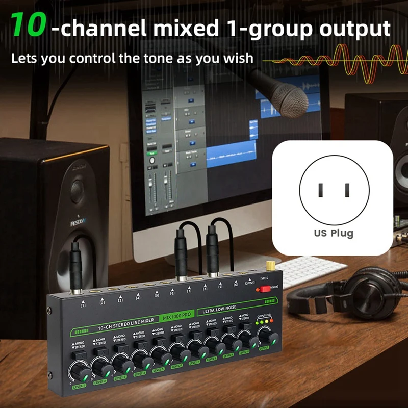 AIAI Professional 10 Channel Sound Mixer Low Noise LED Sound Mixer With RGB Light For Sub-Mixing Stereo Switcher