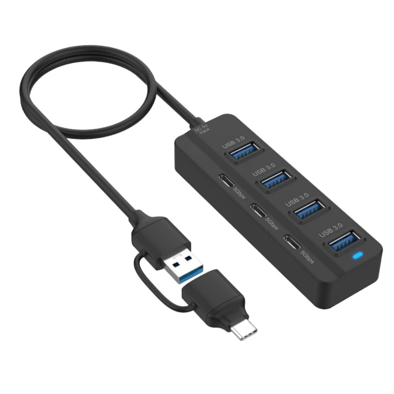 HX6A 7 Port USB Hubs with Double USB A and USB C Plugs for High Speed 5Gbps Data Transfer Plugs and Play Wide Compatibility
