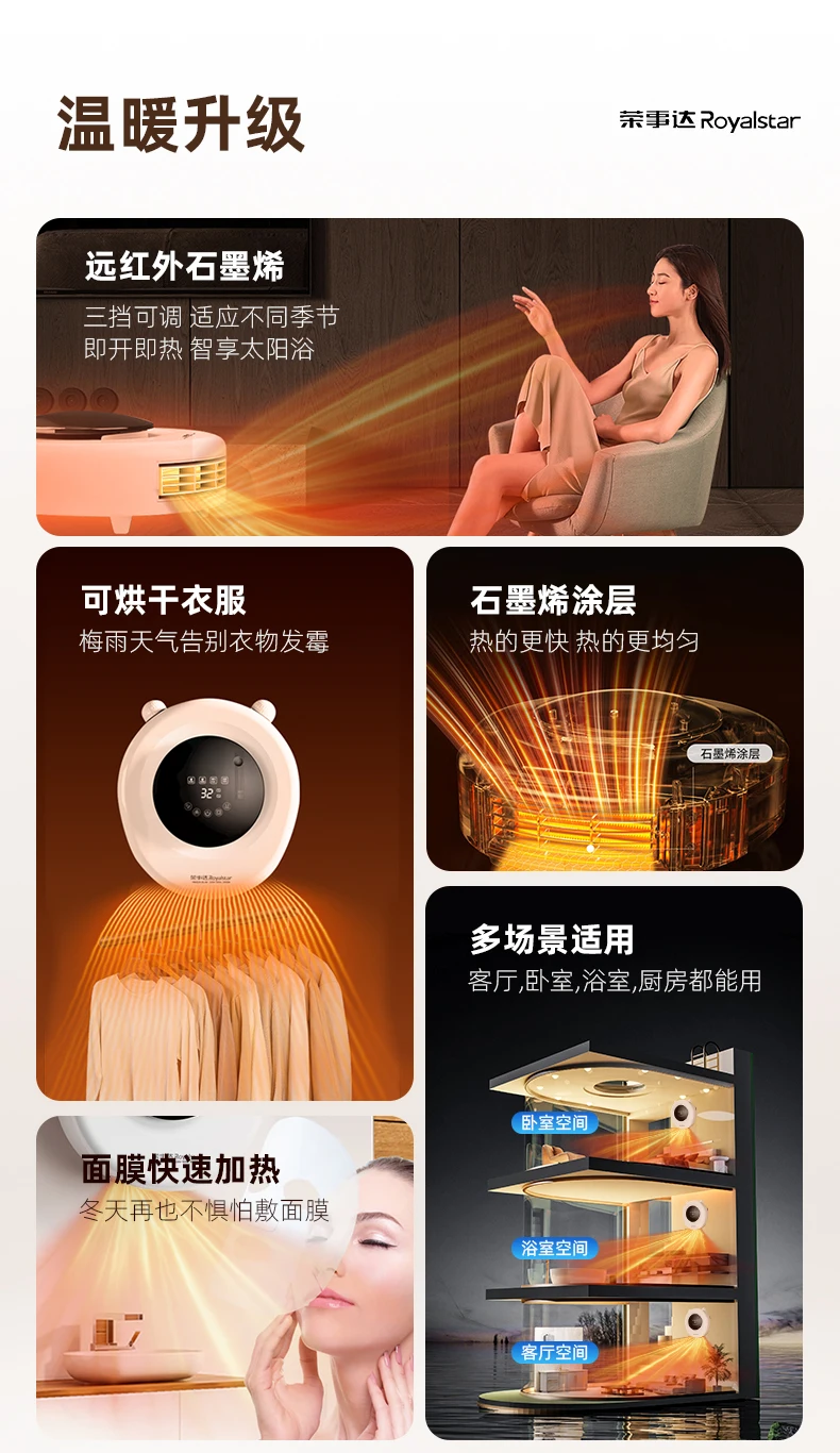 Rongshida تسخين الهواء المثبت على الحائط يوبا خالية من اللكم الجرافين تسخين سريع سخان الحمام المثبت على الحائط ثنائي الغرض