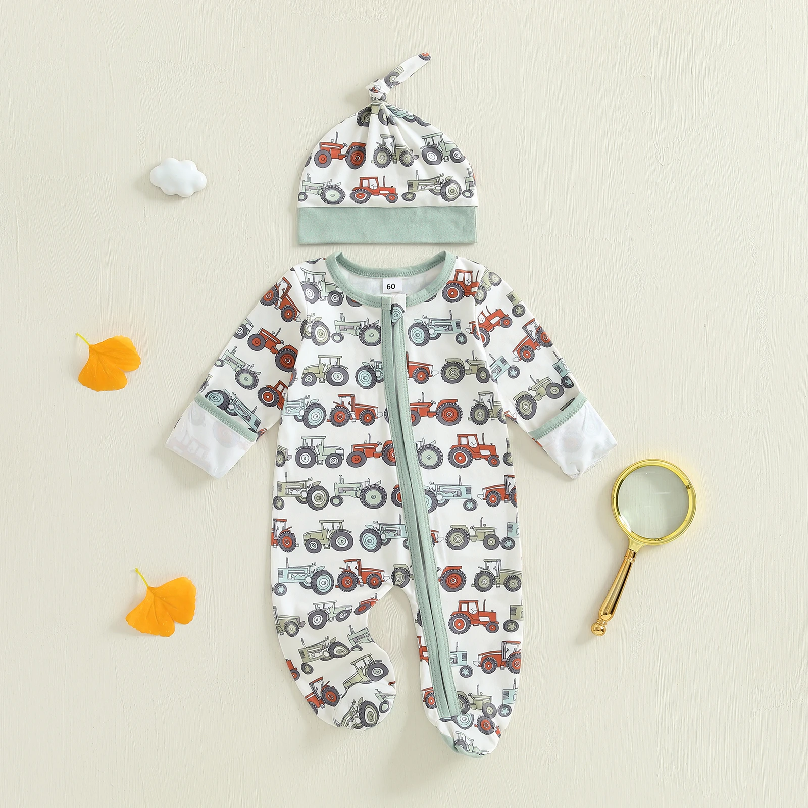 

SUNSIOM Infant Baby Fall Footed Romper Cute Tractor Pattern Round Neck Long Sleeve Zipper Jumpsuit with Hat