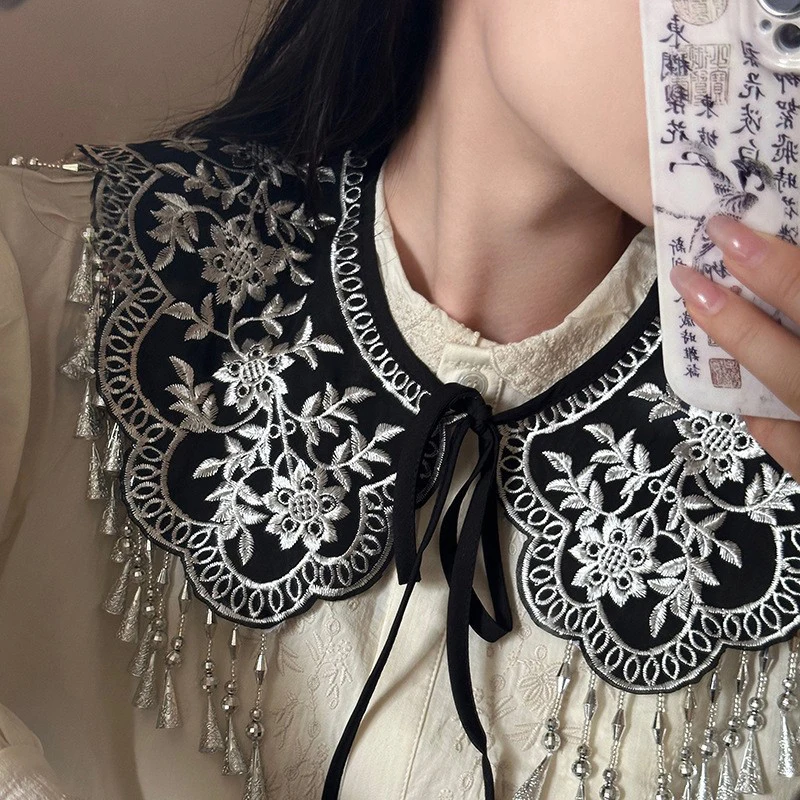 Women Shirts Detachable Fake Collar Lady Embroidery Tassel False Collar Vintage Chinese Antique Cheongsam Hanfu Shoulder Wraps