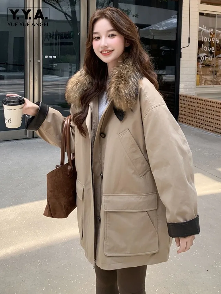 

Женское зимнее пуховое пальто, модное повседневное пальто цвета хаки средней длины, уличная мода, свободная посадка, теплая искусственная куртка-карго с воротником