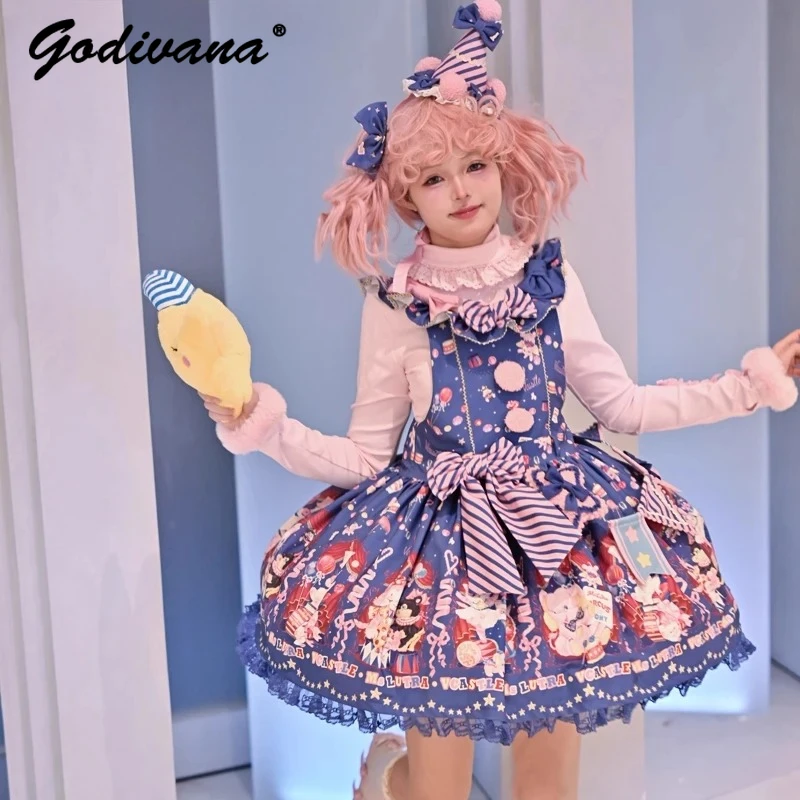 Słodka Urocza Kawaii Sukienka na Ramiączkach z Nadrukiem Dziewczęca Damska Lolita Kokarda Cosplay Krótka Sukienka na Szelkach Jsk Spódnice SK