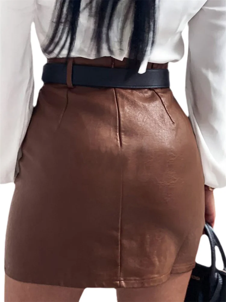 Women's PU Leather Mini Skirt High Waist Rhinestone Split Bodycon Pencil Skirt Summer Clubwear