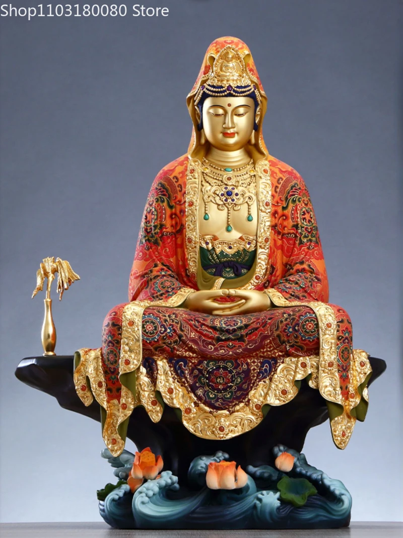 48cm Copper Gilt inlaid treasure Color painted Sit Lotus Guanyin Buddha statue Chinese style  KWAN-YIN sculpture Large size