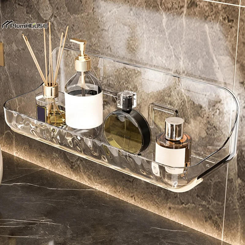 Acrílico Transparente Storage Rack para Banheiro, Wall Mounted, Punch Free, Cosmetic Storage Tray, Makeup Organizer, Kitchen Shelf