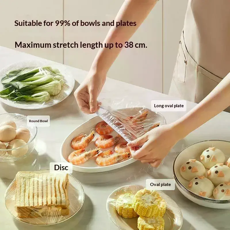 100‑Pack Disposable Elastic Food Covers, Hangable Pull‑Out Plastic Bowl Lids For Home Kitchen Refrigerator Leftovers Storage