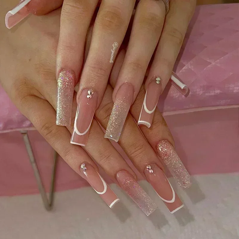 24Pcs Long Ballerina False Nails Press on Nails Serpentine Flower with Rhinestones French Fake Nails Wearable White Nail Tips