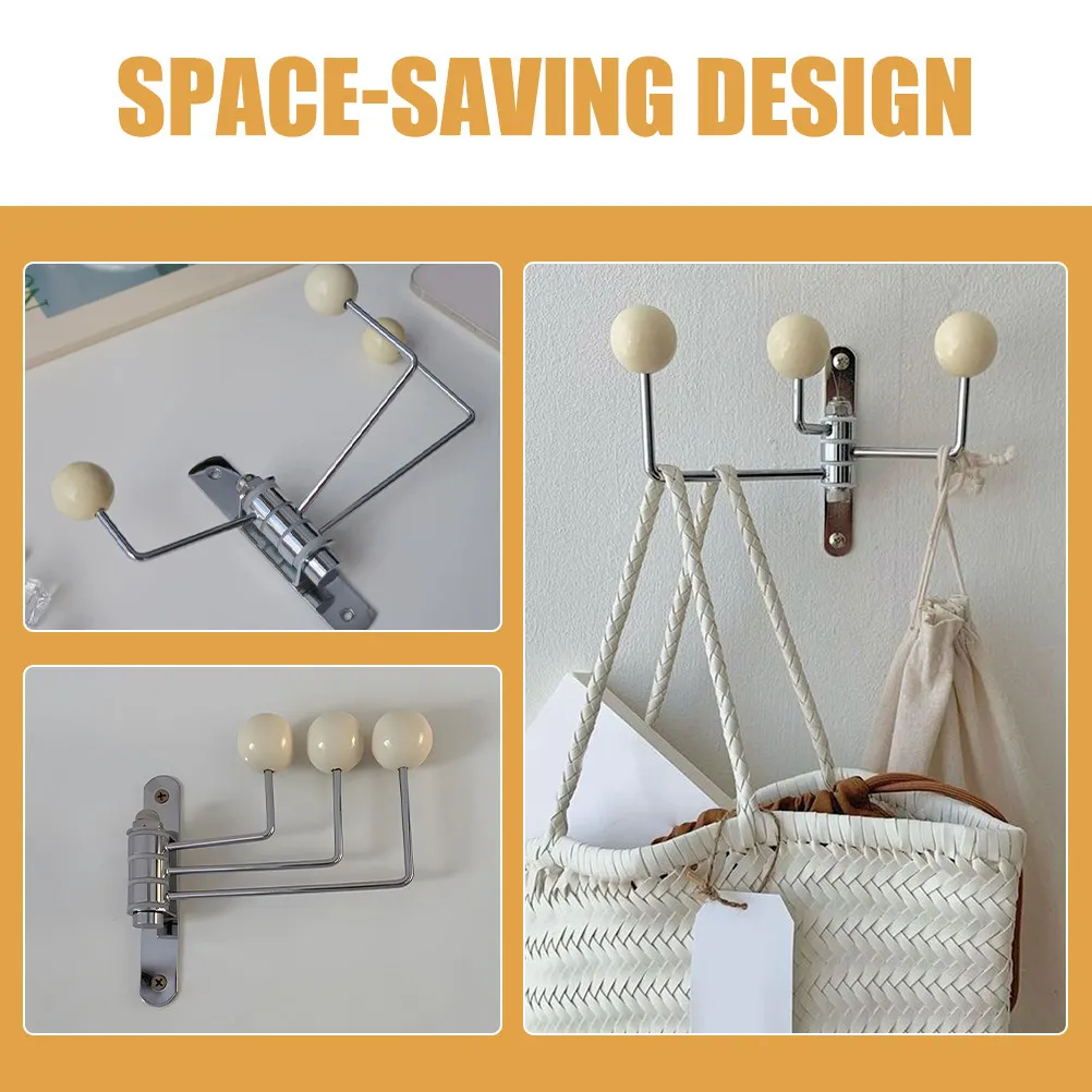 Rotating Wooden Bead Stainless Coat Hook Swivel Hook Wall Mount Bag Purse Hanger for Bedroom Bathroom Entryway Organizer