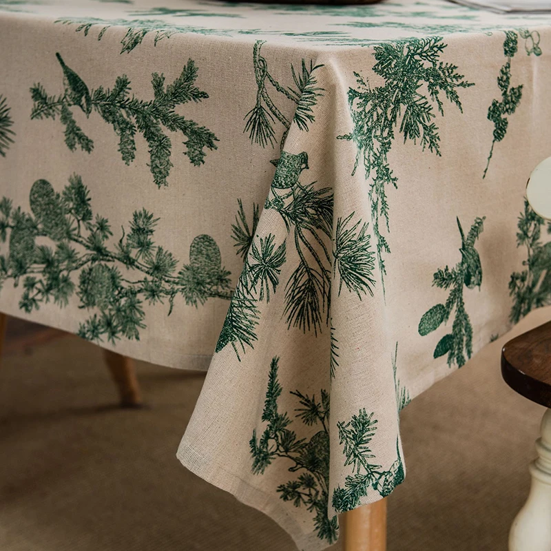 Green Printed Pines Birds Tablecloths Rectangle Cotton Linen Table Cloth Table Cover for Kitchen Dining Tables Picnic Decoration