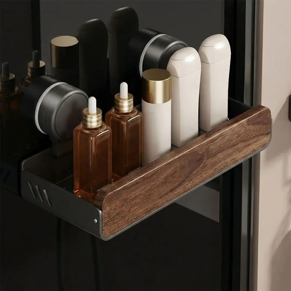 

Mid-Century Modern Bathroom Shelf Strong Grip Walnut Finish Wall Mounted Organizer Drill-Free Suction Cup Hanging Shelf Vanity