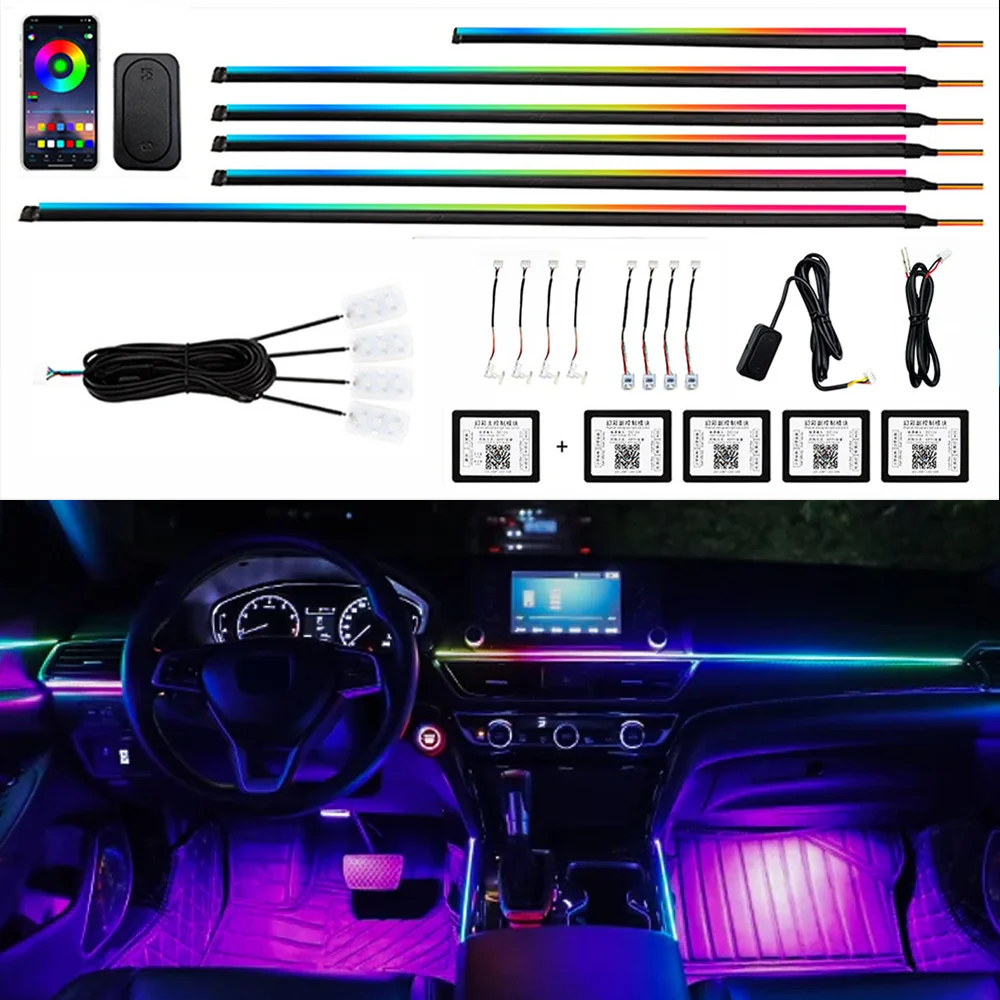 سيارة المحيطة ضوء LED شرائط مصباح العالمي 64 لون المخفية الاكريليك الزخرفية ضوء ستيريو كامل اللون تدفق RGB 5 فولت 2812 LED