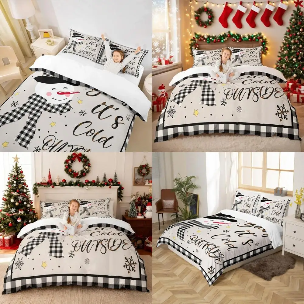 

King Size Christmas Snowman Duvet Cover Set - Snowflake Winter Bedding for Kids, Adults, and Home/Cabin Xmas Decor with Geometri